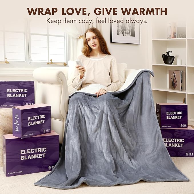 Electric Blanket Throw 50" x 60" - Soft Flannel Sherpa Heated Blanket Throw with 5 Heating Levels & 4 Hours Auto Off, Electric Lap Blanket as a Gift for Grandma, Machine Washable (Grey)
