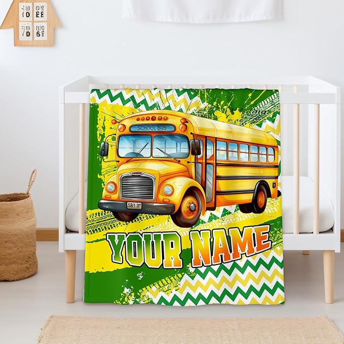Personalized Blanket for Boys, School Bus Throw Blanket Gifts for Kids Teens, 50"x60" Cool Custom Flannel Blankets Gift for Son Cars Lovers Lightweight Throws for Couch Sofa Bed Decor