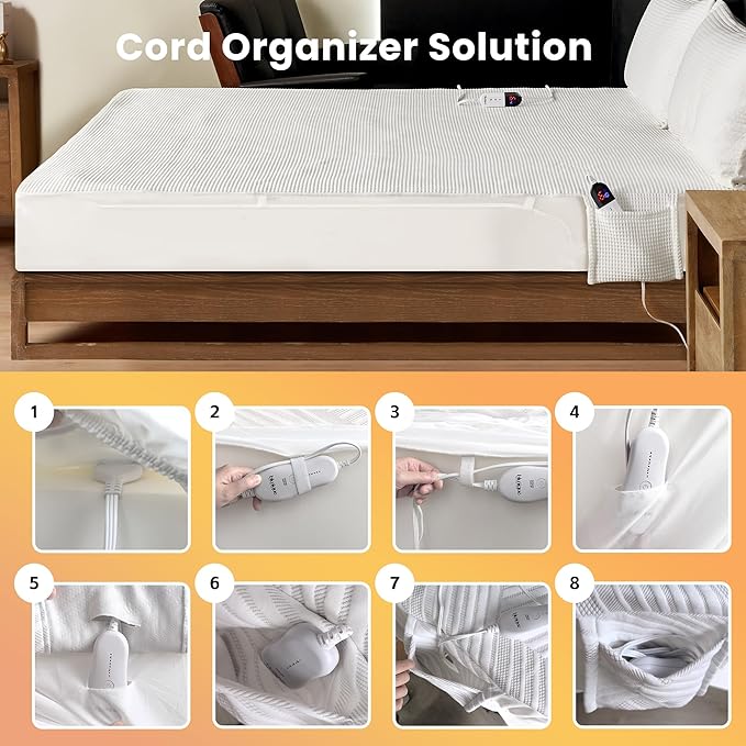Electric Heated Mattress Pad Twin Size Single Control Bed Warmer, Deep Pocket, Side Storage Pouch for Controller, Machine Washable, Waffle Jacquard, 39"x75", White