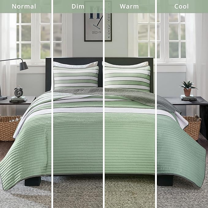 Comfort Spaces Queen Quilt Set Trendy Casual Fun, Vibrant Color Stripes Design, All Season Lightweight Coverlet Bedspread Queen Size Bedding & Shams, Verone, Full/Queen, Sage Green, 3 Piece
