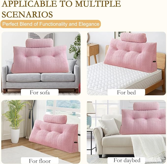YOUR MOON Wedge Headboard Pillow Twin with 1 Pack Neck Roll Pillow, Triangular Wedge Backrest Pillows Headboard for Bed,Daybed,and Lounging, Large Bed Bolster Pillows,Pink