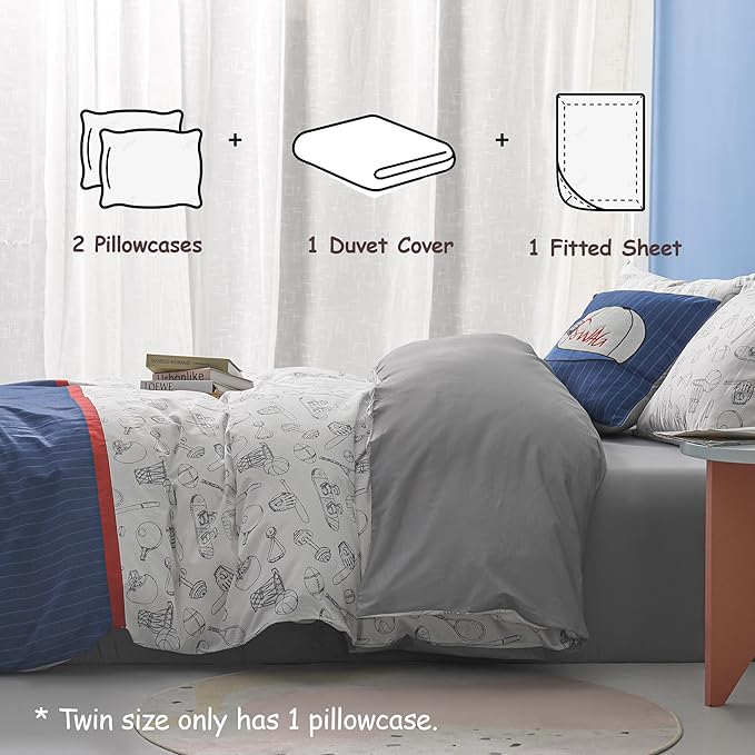 Simple&Opulence 100% Organic Cotton Duvet Cover for Kids Teens, 4 Pieces Soft Comforter Cover with Zipper Closure Cool Boy Girl Baseball Bedding Set - Sports, Full/Queen