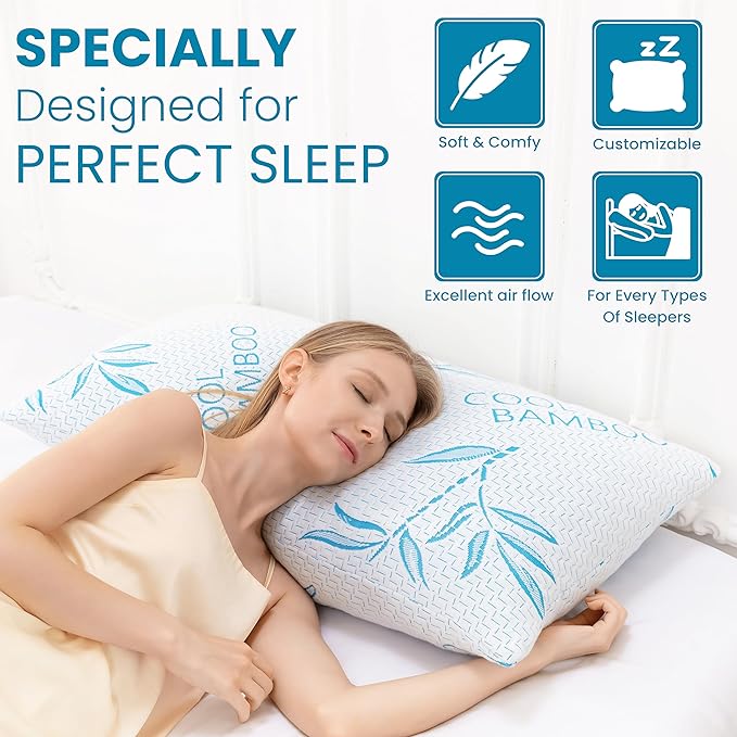 Queen Size 2 Pack Rayon Made from Bamboo Pillows for Sleeping, Cooling Shredded Memory Foam Adjustable Bed Pillow with, Removable/Washable Cover (Queen 2 Pack)