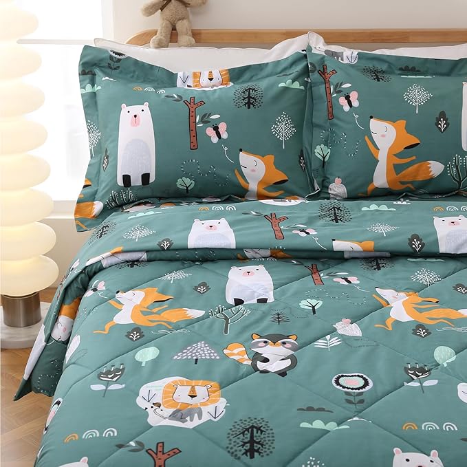 JSD Green Forest Animals Kids Comforter Set Full Size, 3 Piece Woodland Printed Microfiber Bedding Set, Machine Washable