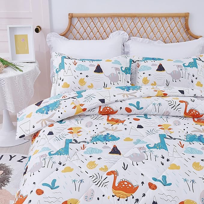 JSD Dinosaur Kids Comforter Set Queen Size, 3 Piece Printed Microfiber Comforter with Pillow Sham, Machine Washable
