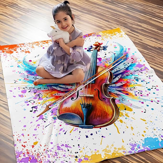 Music Blanket for Kids Teens Adults, 60x80 Inches Violin Throw Blanket Gifts for Women Girls Musician Music Enthusiast, Vintage Soft Fuzzy Flannel Music Themed Blanket Decor for Couch Sofa Bed