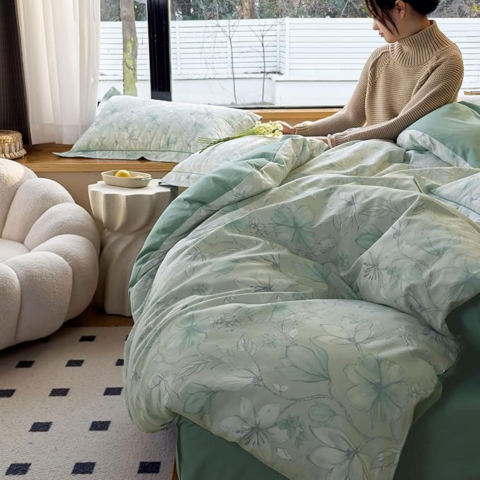 AOJIM Floral Printed Pattern Duvet Cover Set for Kids Adults, Soft 100% Cotton Comforter Cover Set 3pcs, 1 Aesthetic Green Quilt Cover King Size and 2 Matching Pillowcases for Room Decor, No Quilt
