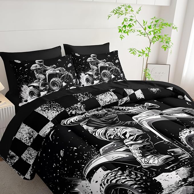 Motocross Racing Car Racer Comforter 7Pcs Racing Speed Sports Truck Bedding Set for Kid Teen Boy Girl Adult Extreme Sports Quilt Bed Set Twin with 2 Sheets,2 Pillowcases,2 Throw Pillow Covers