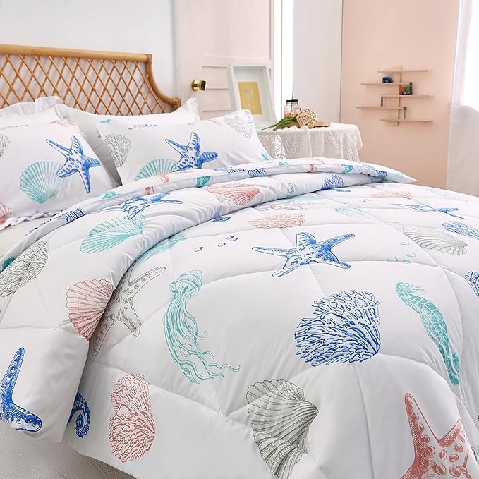 JSD Beach Theme Kids Comforter Set Queen Size, Jellyfish Starfish Summer Printed Comforter with Pillow Sham, Machine Washable