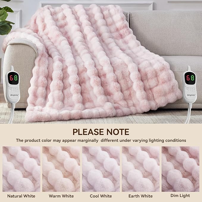 Heated Blanket Throw with 1/2/4/6/8 Hours Auto-Off 10 Heat Level, 90'' * 100'' Cozy Faux Rabbit Fur Bubble Electric Blanket with Overheat Protection(Tie-Dye Pink)