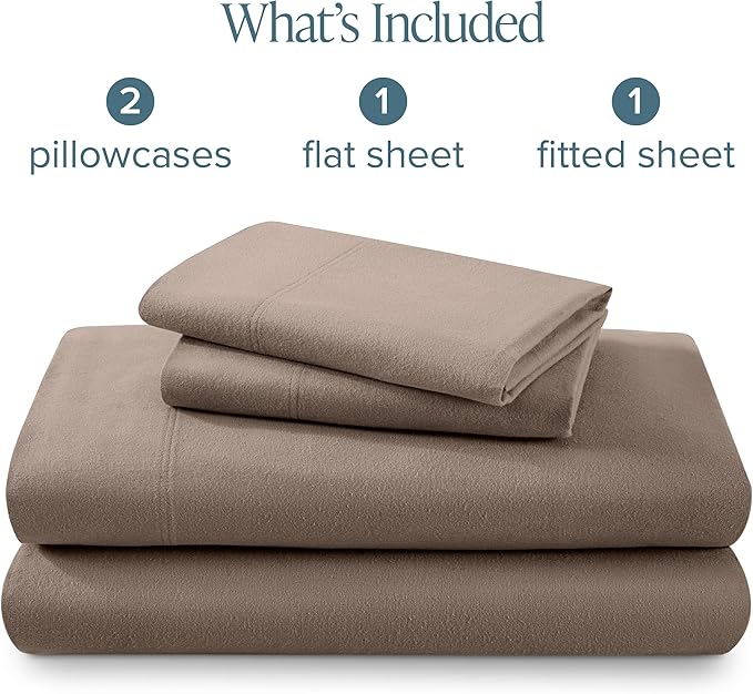 Bare Home Flannel Sheet Set 100% Cotton, Velvety Soft Heavyweight - Double Brushed Flannel - Deep Pocket (Queen, Taupe)
