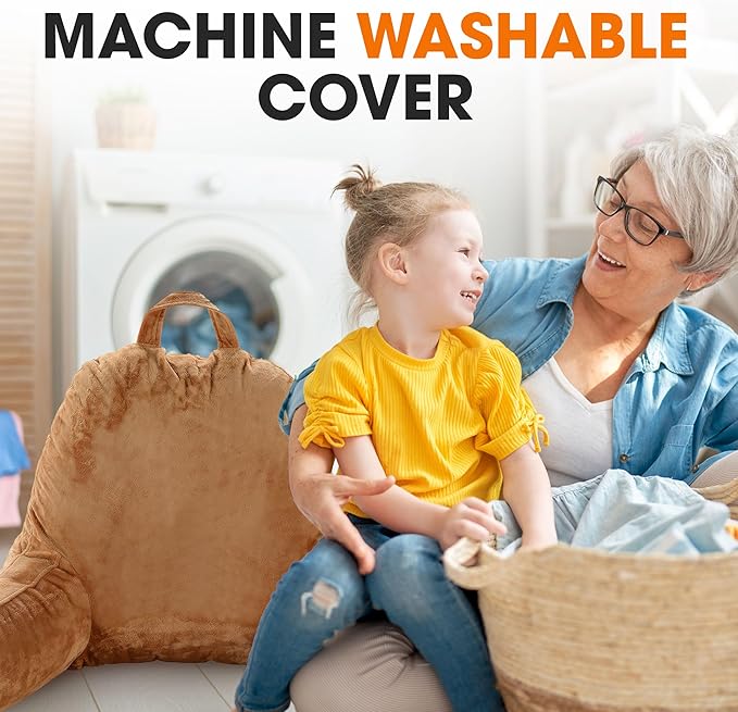 Cheer Collection Reading Pillow with Arms – Portable Bed Pillow for Sitting Up & Support, Foam-Filled Back Rest Pillow for Sitting in Bed & Couch, Machine Washable, Brown