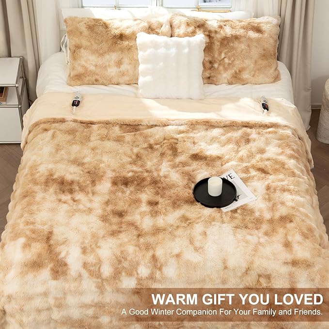 Faux Fur Electric Blanket King Size 100"X90" - Bubble Faux Fur Heated Blanket Fluffy Soft Thick with 6 Heating Levels & 10 hrs Timer Settings, Washable & ETL Certified for Bed, Tie-Dye Beige