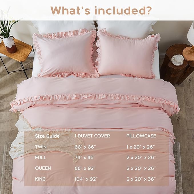Simple&Opulence Kids 100% Organic Cotton Queen Duvet Cover Ruffle 3Pcs(1 Comforter Cover 2 Pillowcases) Cute Lace Vintage Boho Shabby Chic Farmhouse Bedding Set Teen Girls(Peach Pink,Queen)