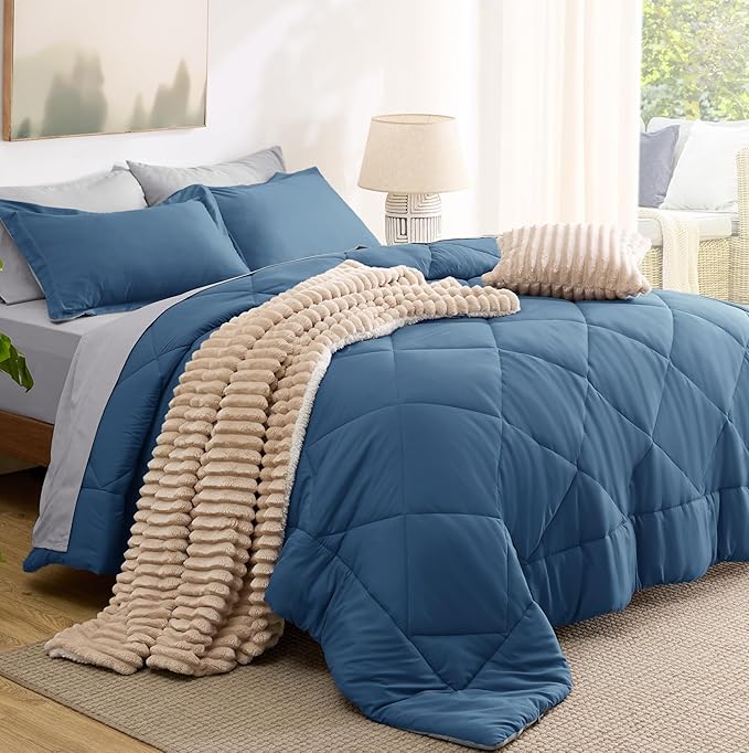 Bedsure California King Comforter Set - 7 Pieces Reversible Slate Blue Bedding, California King Size Bed Set for All Seasons, Bed in a Bag with Down Alternative Comforter, Sheets, Pillowcases & Shams