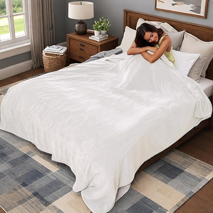 Electric Heated Blanket 90"x100" King Size, Soft Coral Fleece, Dual Controllers with 4 Heating Levels and 10 Hours Auto-Off, Machine Washable, Cozy Plush Fabric for Home, White