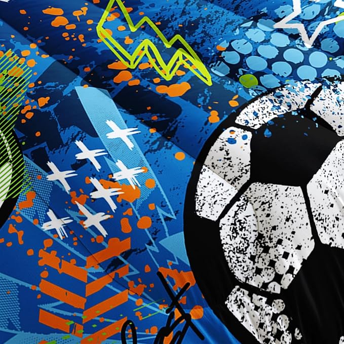 Soccer Comforter Set Sport Themed Blue Printed Bedding Set with 1 Comforter and 2 Pillowcases for Boys and Girls Bedroom All Season(Soccer-2 Full)