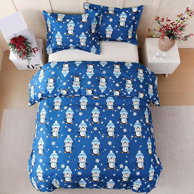 JSD Penguin Snowflakes Kids Christmas Duvet Cover Set Queen Size, 3 Piece Xmas Comforter Cover with Pillow Sham Zipper Closure, Comforter Not Included