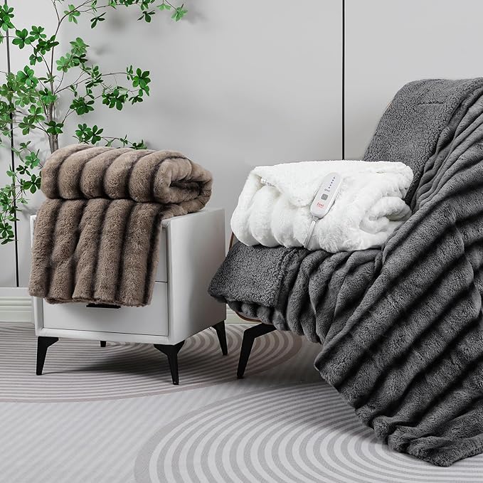 Heated Blanket Electric King- 100"x90" Soft Thick Faux Fur Electric Blanket for Sofa with 5 Heat Levels & 10 Hours Auto-Off Overheat Protection, Warm Cozy Gifts, Grey