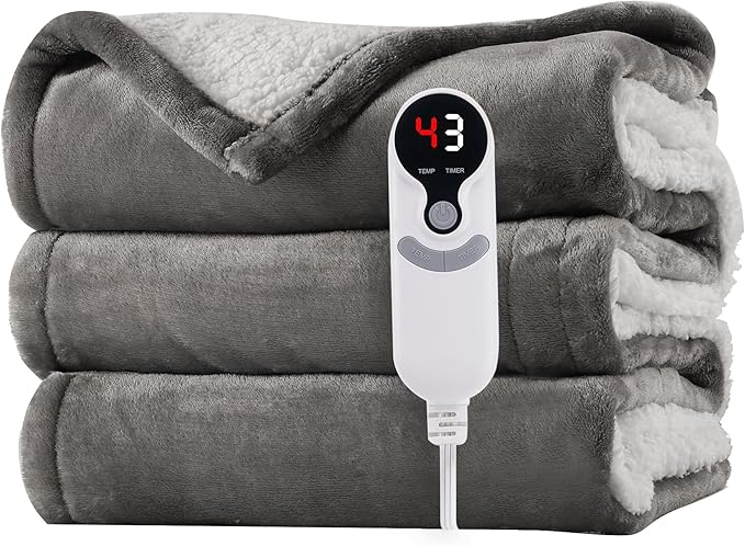 Electric Heated Blanket 72"x84" Full Size - Flannel & Sherpa Fabric Dual-Sided, 6 Heat Settings & 1-10 Hours Auto Off, Soft & Cozy Warming Throw for Home, Office, or Bed, Machine Washable, Light Gray