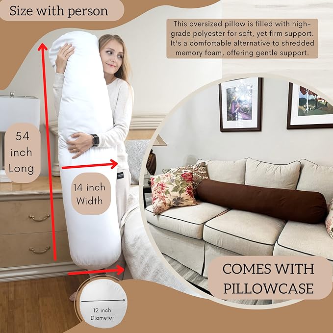 King Size Extra Long Round Body Pillow - 54x12 Bolster Pillow for Bed Extra Soft Body Pillow with Removable Pillowcase, Maternity Pillow - Brown