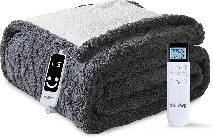 Heated Blanket Electric Blanket 62"x84", Soft Taffeta Sherpa Electric Throw with 5 Heating Level & 1-12 Hour Auto Off, Heated Throw with Overheating Protection, Machine Washable (Dark Grey)