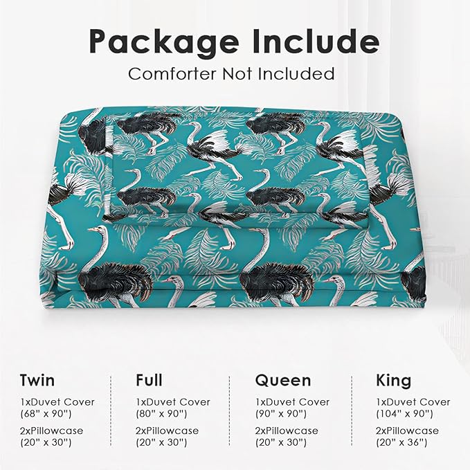 Ostrich Theme 3 Pieces Duvet Cover Comforter Set with 2 Pillowcase Queen Size Bird Bed Sheet Quilt Bedroom Bedding for Lover Kids
