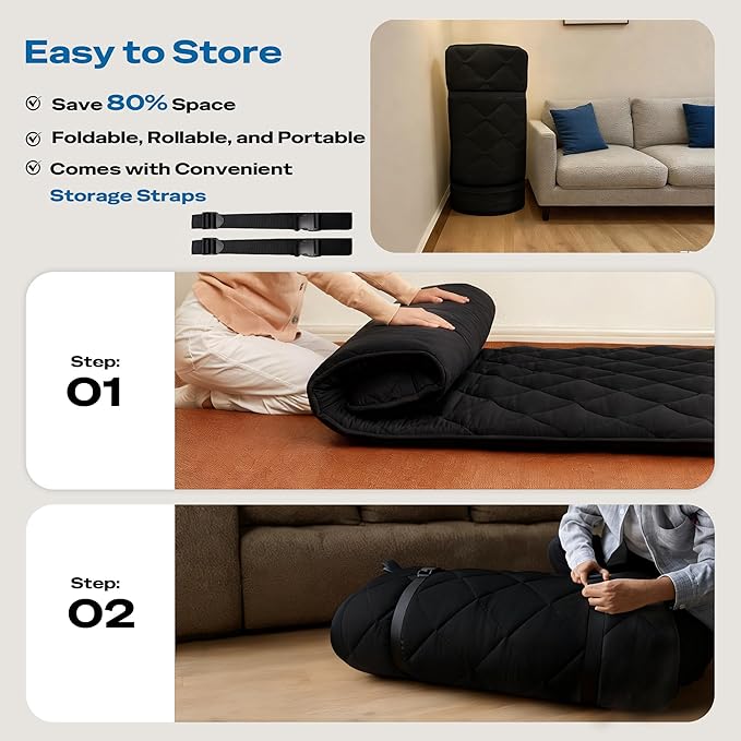 Aircliff Japanese Floor Futon Mattress, Roll Up Tatami Mat, Sleeping Pad, Shikibuton, Portable Foam Floor Bed Mattress for Sleeping, Dormitory, Guest Bed, Designed in Japan(Black, Twin)