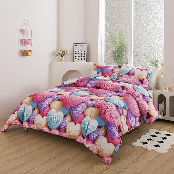 Caressma Heart Print Comforter Set Twin, Stereoscopic 5D Lovely Romantic Comforter Sets for Teens Girls and Boys, Colorful Cute Heart Pattern Bedding Comforter Set for All Seasons with Pillowshams