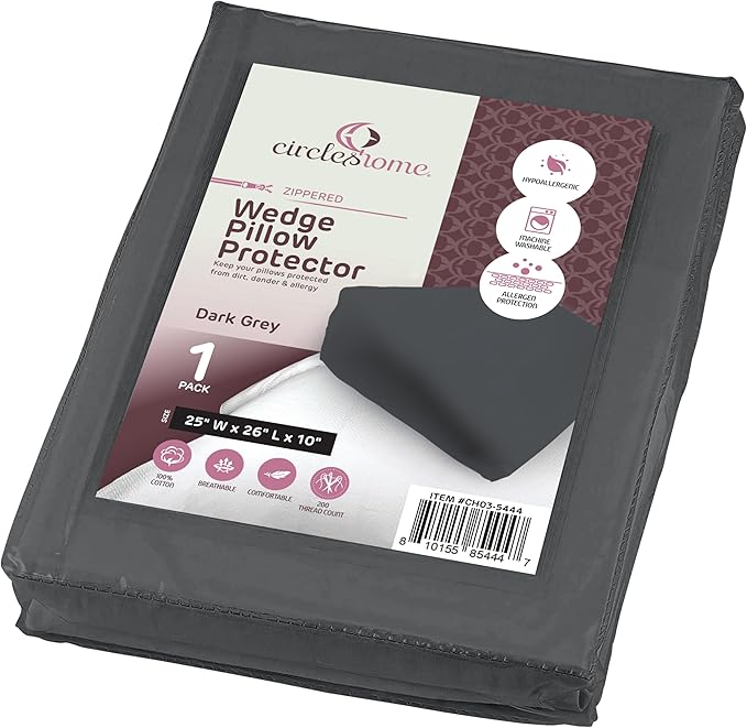 CirclesHome Wedge Pillow Cover 100% Cotton, Zippered Wedge Pillow Case Protector, Soft, Hypoallergenic & Breathable -Dark Grey, (25Wx26Lx10)