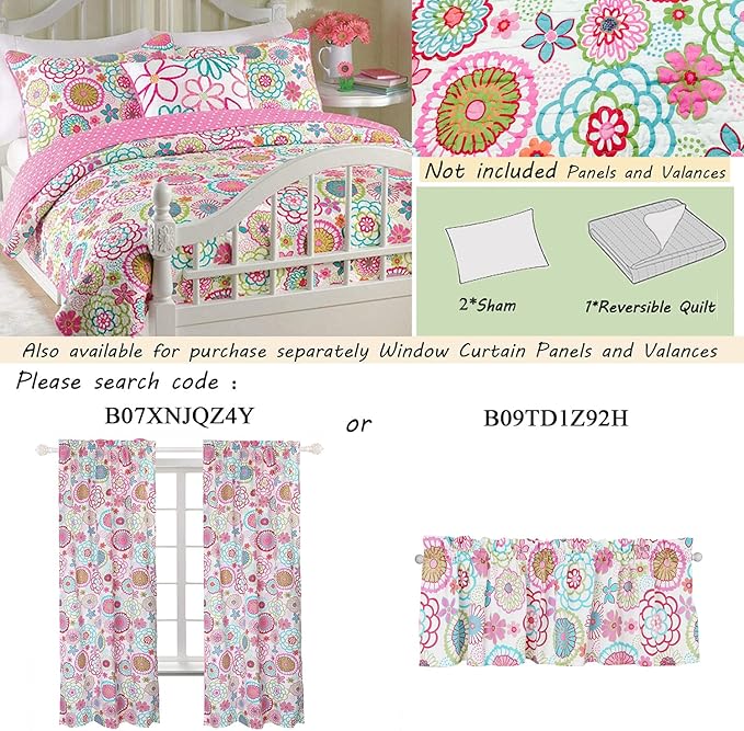Cozy Line Home Fashions Pink Floral Polka Dot Colorful Reversible Quilt Bedding Set, Coverlet, Bedspreads for Girls (Mariah, Queen - 3 Piece)