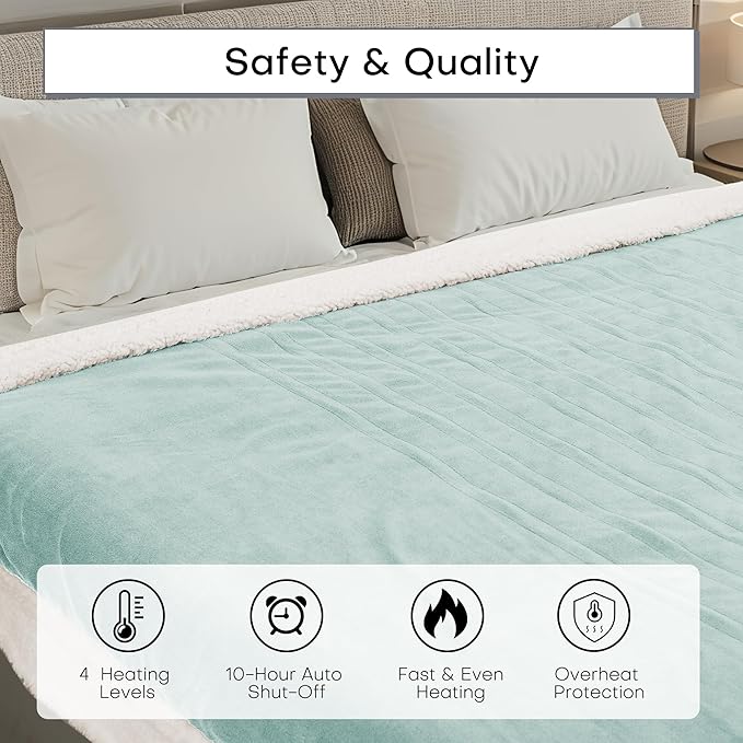 Electric Heated Blanket Full Size 72"x84" - Dual-Sided with Microplush & Sherpa Fabric, 4 Heat Settings & 10 Hours Auto Off, Machine Washable - Onsen Green
