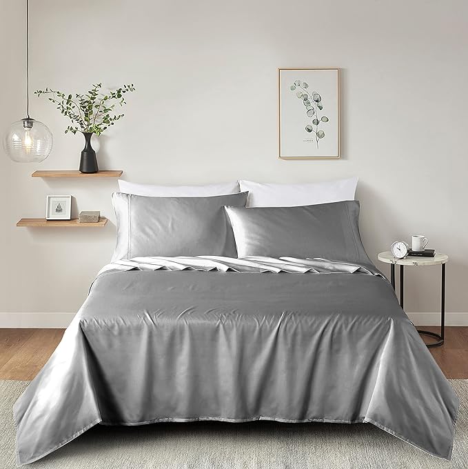100% Supima Cotton Sheets 600 Thread Count,Bed Sheet Set King Size Sheets 4 Pieces,Soft & Silk Sateen Weave, Fits Mattress Up to 18'',Deep Pocket, Breathable & Fade Resistant(Grey,King)