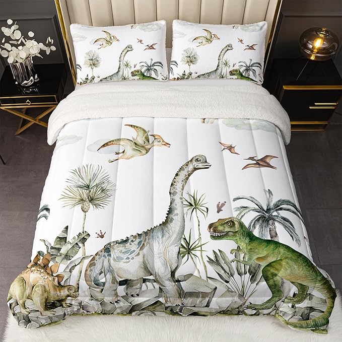 QOOMO Jurassic Period Dinosaurs Sherpa Comforter Set King, Primitive Senling Sherpa Fleece, Plush and Warm Bedding Comforter Sets, Down Alternative Ultra Soft and Cozy Comforter Set for Boys, 3-Piece