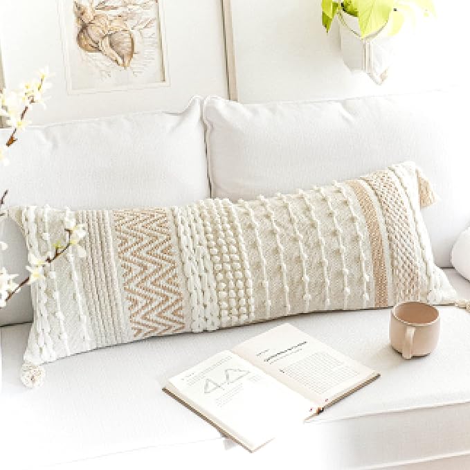 BlissBlush Cream Decorative Lumbar Throw Pillow Cover 14x36 Boho Long Cushion for Bed Neutral Beige White Accent Modern Farmhouse Pillowcase for Bedroom Living Room Couch Sofa Home Décor Cover ONLY