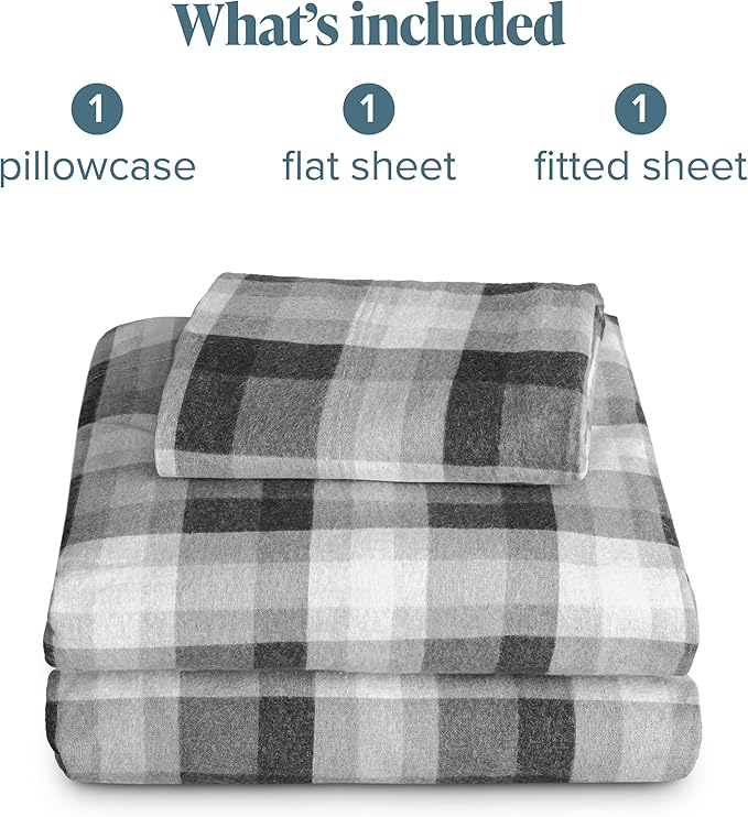 Bare Home Flannel Sheet Set Prints, 100% Cotton, Velvety Soft Heavyweight - Double Brushed Flannel - Deep Pocket (Twin XL, Oliver Plaid - Grey)