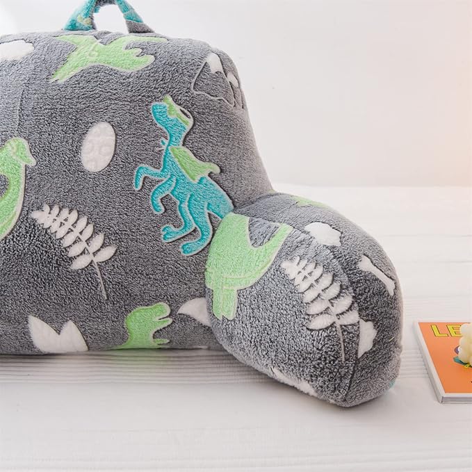 Aimuan Reading Pillow Glow in The Dark Bed Rest Wedge Kids Glow Backrest Pillow Dinosaur Print with Arms Back Support for Sitting Up in Bed Cushion, Green-Blue