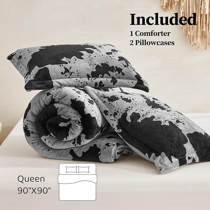 Petrichor Velvet Flannel Queen Comforter Set-Cow Print Western Style Blanket,Luxury Fuzzy Heavy Bedding Set, 3 Pieces Plush Winter Bed Set with Comforter (90"x90") & 2 Pillow Shams (20"x26")