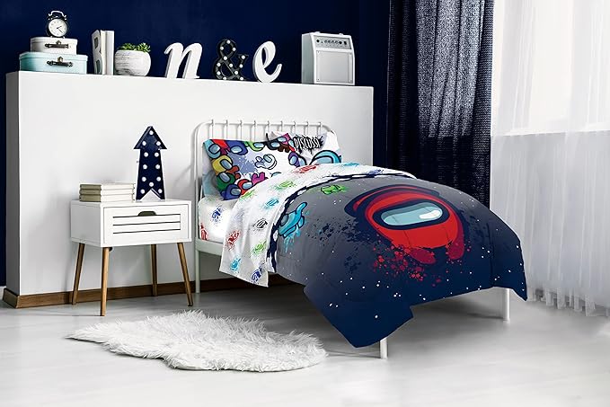 Jay Franco Among Us Space Splatter (4 Piece) Twin Size Bed Set - Includes Comforter & Sheet Set - Super Soft Fade Resistant Microfiber (Official Among Us Product)