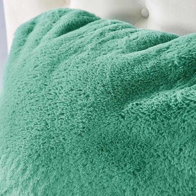 Plush Faux Fur Backrest Reading Bed Rest Pillow with Arms and Pockets for Sitting in Bed Couch Sofa, Back Support Wedge Cushion with Removable Cover, 20" x 18" x 17", Bluish Green