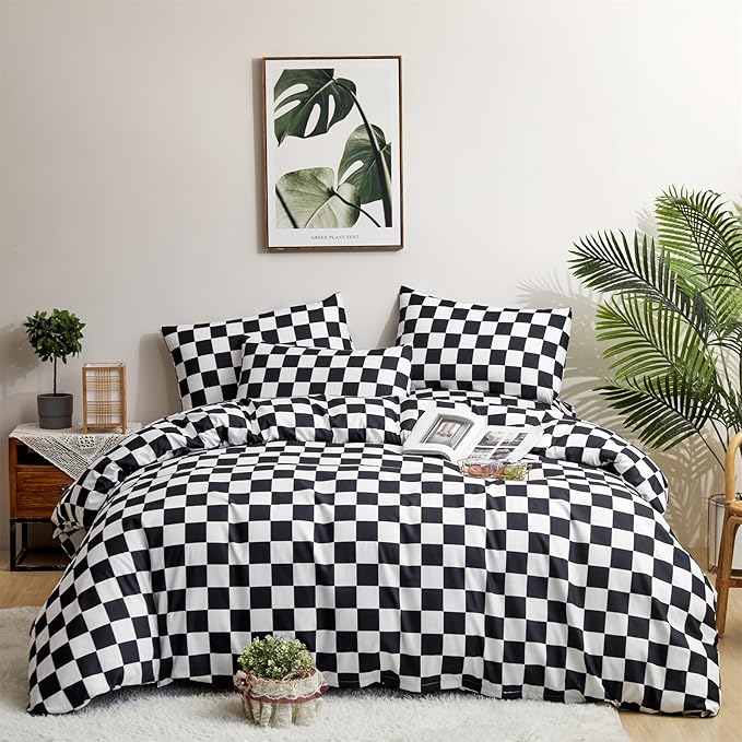 Wellboo Black White Plaid Comforter Sets Queen Women Men Black and White Checkerboard Grid Bedding Comforters Cotton Boys Girls Modern Checkered Geometric Quilts Luxury Abstract White Bedding