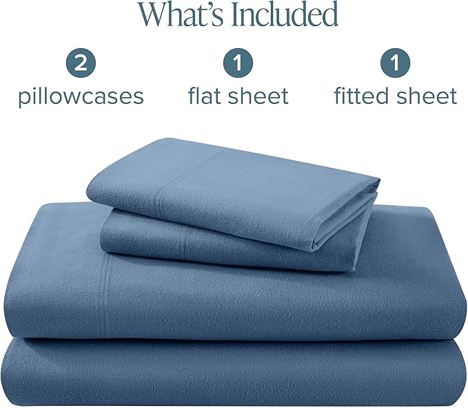 Bare Home Flannel Sheet Set 100% Cotton, Velvety Soft Heavyweight - Double Brushed Flannel - Deep Pocket (Queen, Coronet Blue)