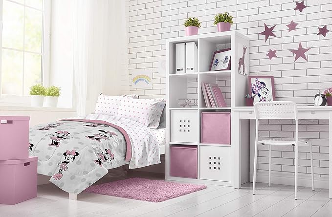 Jay Franco Disney Minnie Mouse Dots 4 Piece Twin Bed Set - Includes Reversible Comforter & Sheet Set Bedding - Super Soft Fade Resistant Microfiber (Official Disney Product)