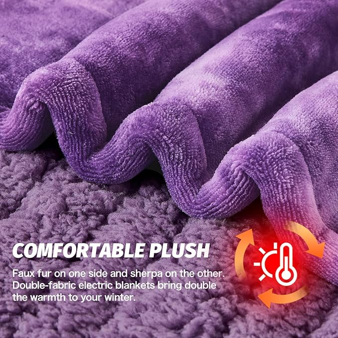 greenoak Heated Electric Blanket Throw, Faux Fur Sherpa Heating Blanket for Sofa Bed, Warm Winter Gifts for Women/Her, Heater Lap Blankets 5-Position Timer &10 Heating Levels 62''*84" Purple