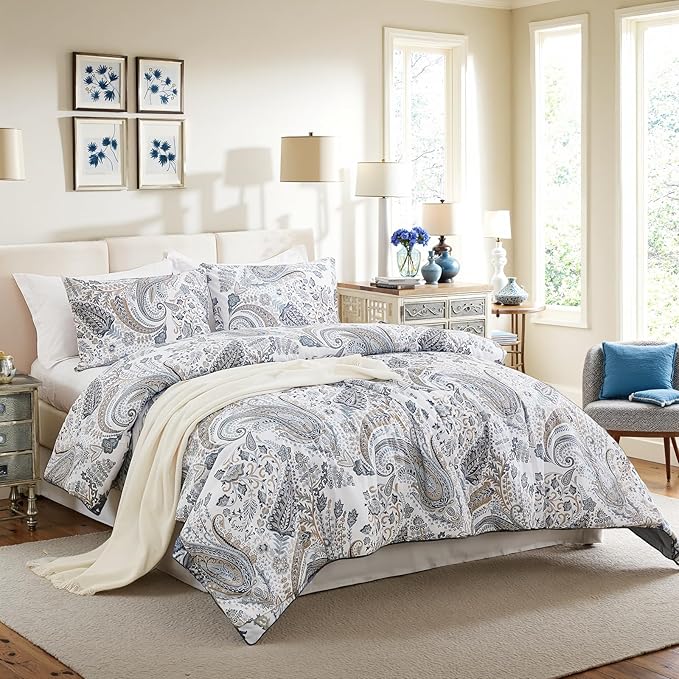 Paisley Duvet Cover Full Size 100% Cotton Comforter Covers Soft & Breathable 3 Pcs Luxury Duvet Cover Sets with Zipper Closure All Season