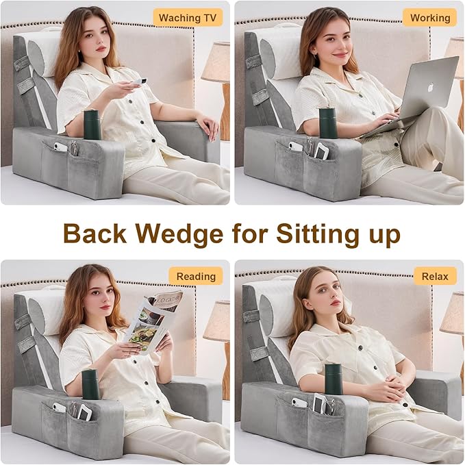 Reading Pillow for Sitting in Bed Adult, Back Pillow for Bed Sitting up with Arms, Pockets and Cup holder, Sit Up Backrest Pillows for Beds Chair Support, Beds Rest Pillow for Gaming, Watching TV