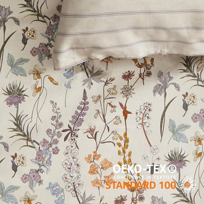 Floral Duvet Cover Beige Striped Bedding Set with Botanical 3 Pieces Kids Boys Girls Stripes Vintage Flower Pattern Reversible Soft Breathable Microfiber Duvet Cover Set with 2 Pillowcases