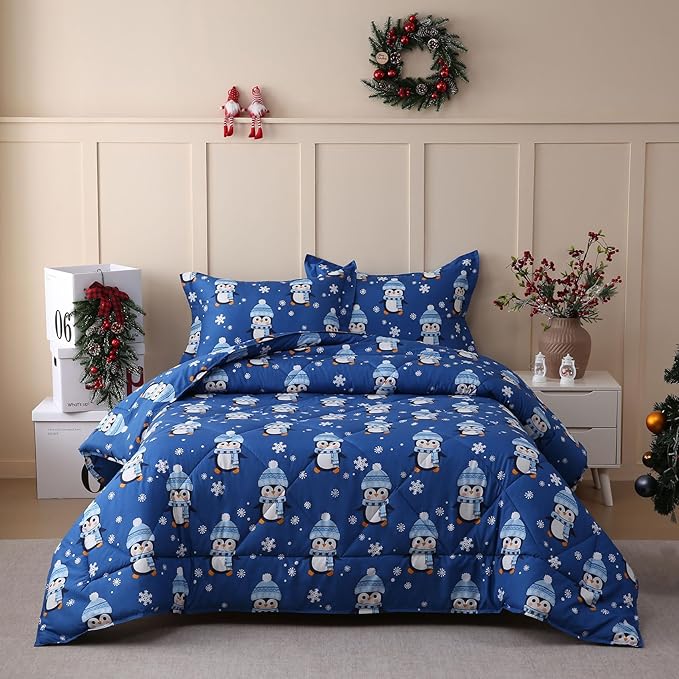 JSD Penguin Snowflakes Kids Christmas Comforter Set Full Size, 3 Piece Xmas Printed Microfiber Bedding Set, Machine Washable