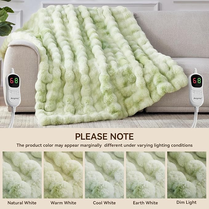 Heated Blanket Throw with 1/2/4/6/8 Hours Auto-Off 10 Heat Level, 90'' * 100'' Cozy Faux Rabbit Fur Bubble Electric Blanket with Overheat Protection(Tie-Dye Green)