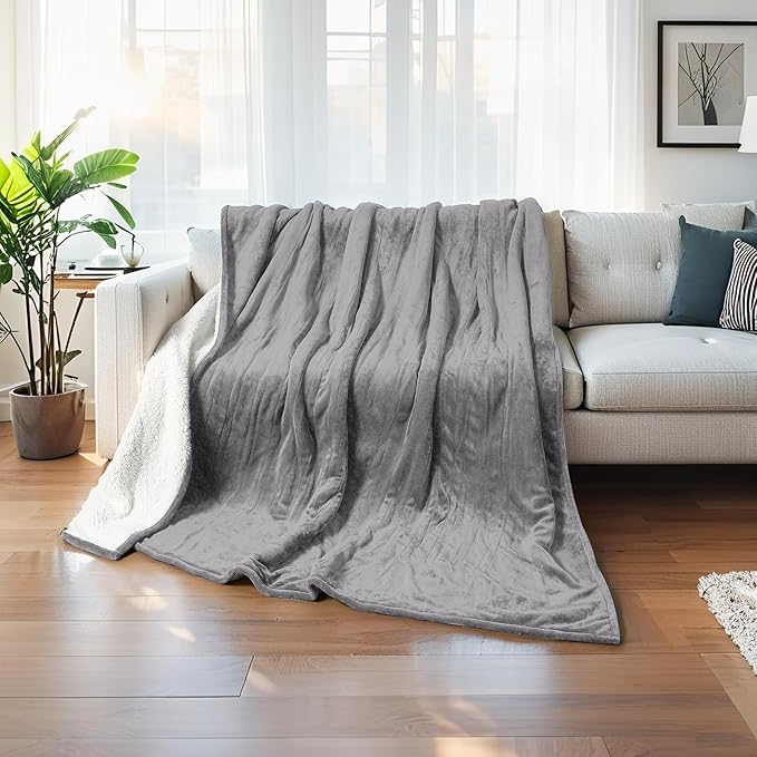 50"x60" Heated Electric Blanket Throw Thickened Flannel and Sherpa Heated Blanket, 3 Hours Timer Auto-Off & 5 Heating Levels, Machine Washable, Ash Gray
